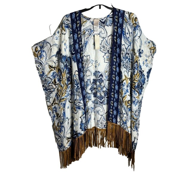 Chico's Printed Suede Fringe Ruana Kimono Cardigan Multicolor S/M NEW - Picture 4 of 10